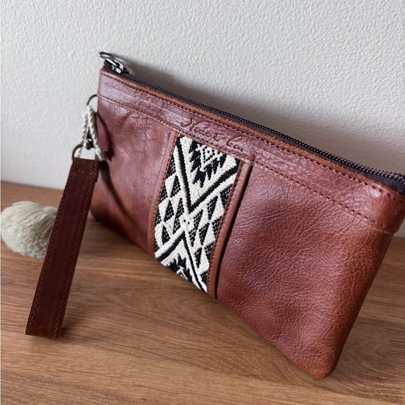 Nena & Co. Handbags - Nena and Co Cafe Brown Leather Clutch with Tribal Pattern Womanhood